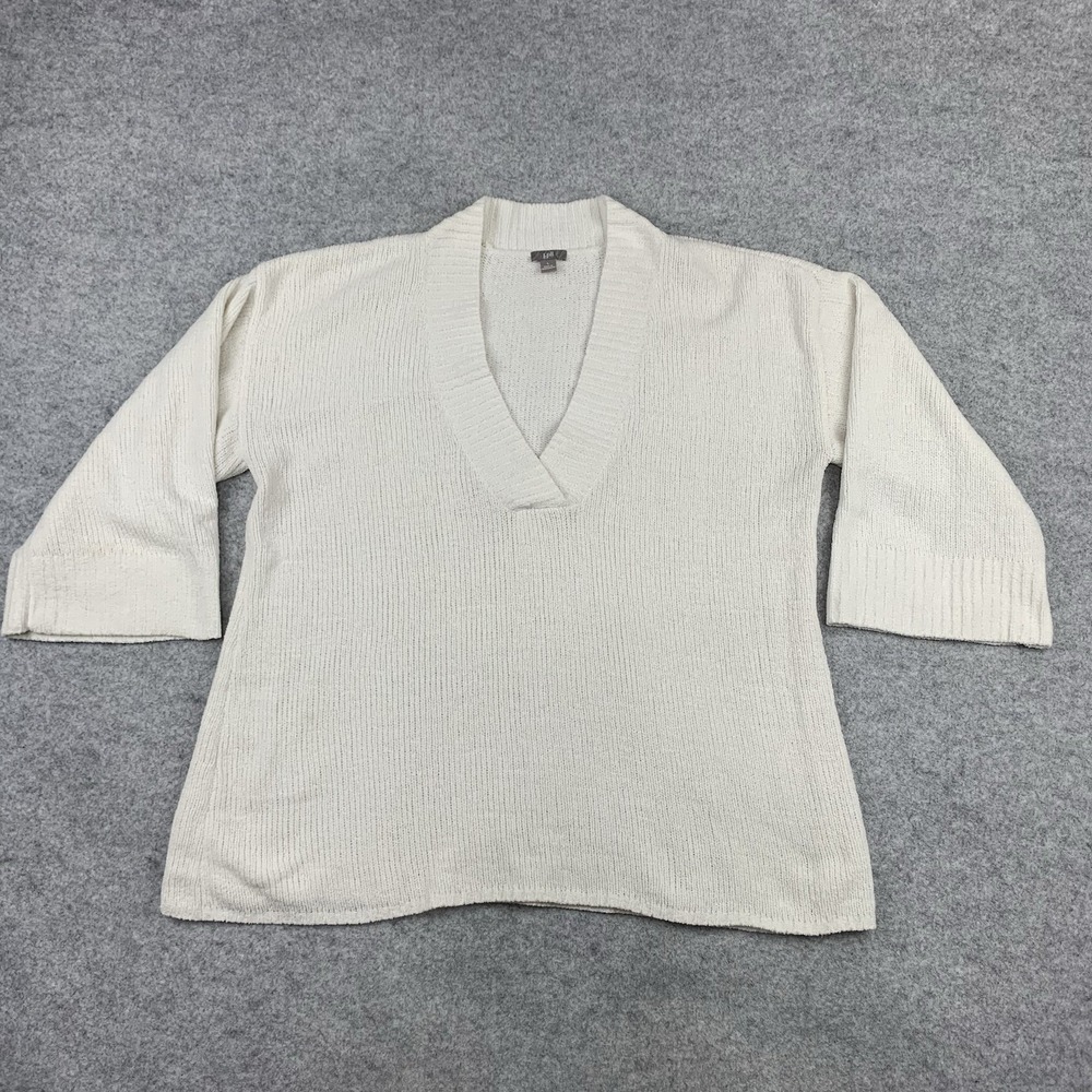J Jill Sweater Womens Size Large 3/4 Sleeve White V Neck Tight Knit